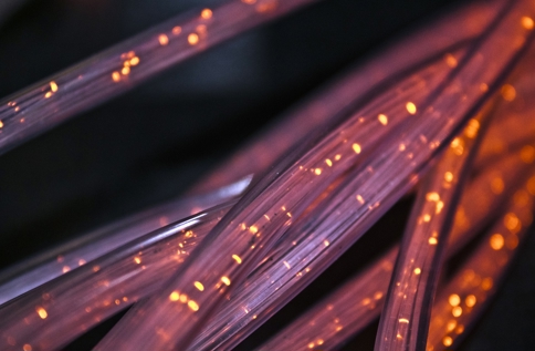 Närbild av fiberoptiska kablar med ljussignaler som symboliserar hög hastighet på datakommunikation, nätverksinfrastruktur och säker dataöverföring i modern IT‑miljö