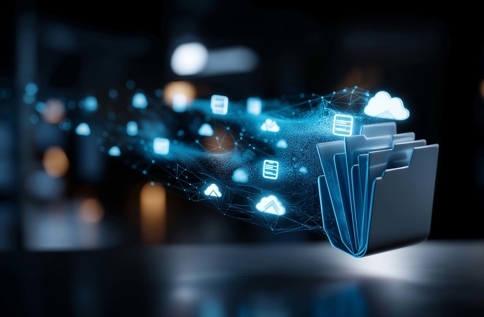 Digital visualisering av filer och molntjänster med mappar och dataikoner som flödar mellan system, vilket illustrerar backup som tjänst, säker lagring, synkronisering och hantering av data i molnbaserad IT‑miljö