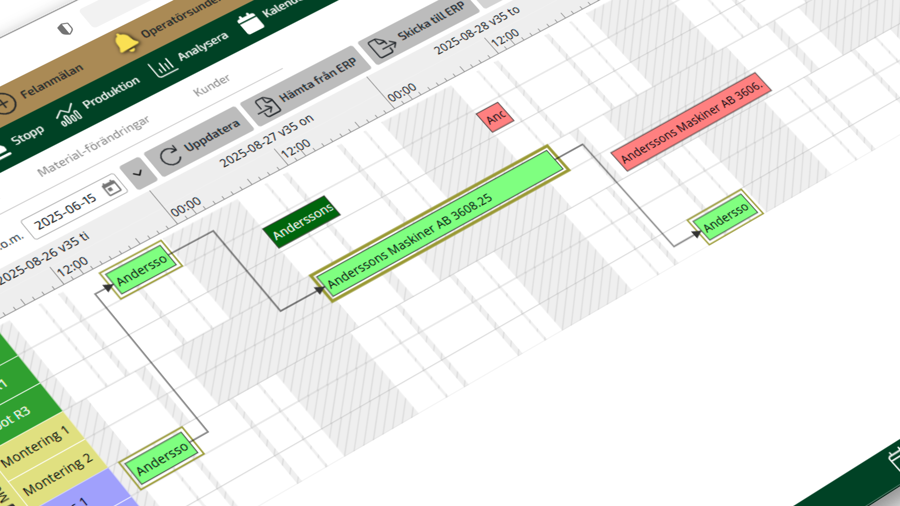 Digital produktionsplanering i Gantt-schema med tidslinje, orderposter och färgkodade aktiviteter