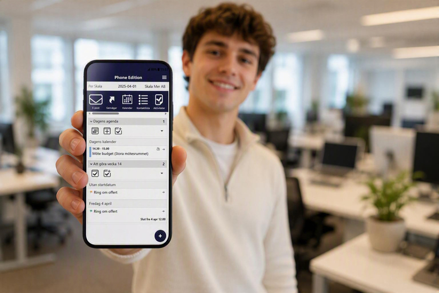 Ung Person I Ljus Tröja Håller Fram En Mobiltelefon Med Business Studio I Fokus På Modernt Kontor Med Suddig Bakgrund