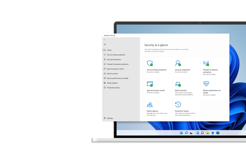 Skärmbild av Windows säkerhetsöversikt som visar status för virusskydd, konto-, nätverks- och enhetssäkerhet i ett systemfönster på en laptop