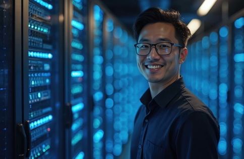Person står i serverhall med rader av rackservrar och blinkande LED‑lampor i bakgrunden, vilket illustrerar klientdrift som tjänst, IT‑övervakning och drift av affärskritiska system i modern datacentermiljö