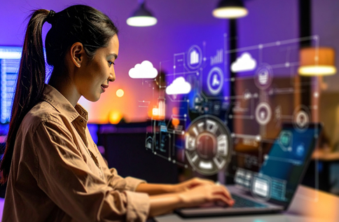 Person arbetar vid dator med SharePoint och molnbaserade tjänster, visualiserade med digitala ikoner för samarbete och dokumenthantering