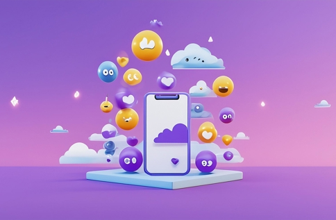 Illustration av en smartphone omgiven av färgglada emojis, hjärtan och moln i en lila–rosa 3D-miljö