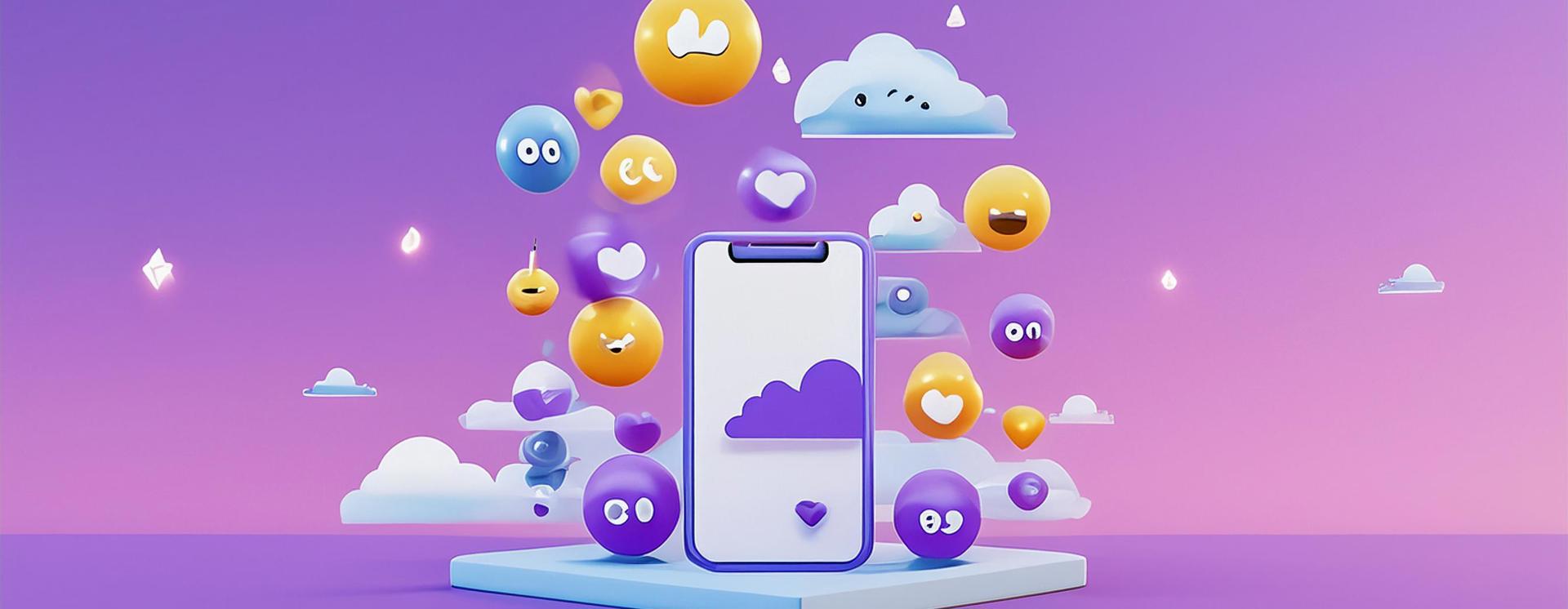 Illustration av en smartphone omgiven av färgglada emojis, hjärtan och moln i en lila–rosa 3D-miljö