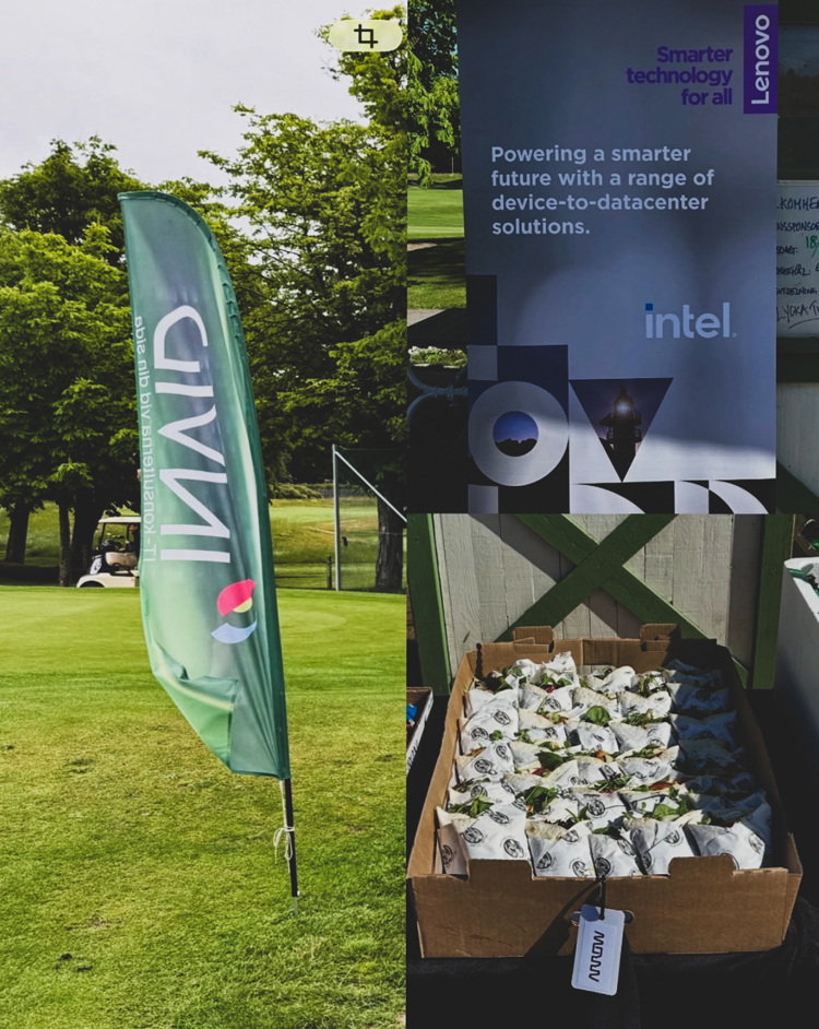 Sponsorer och giveawaybord vid företagsgolf med INVID-, Lenovo- och Intel-profilering samt förberedda lunchpaket