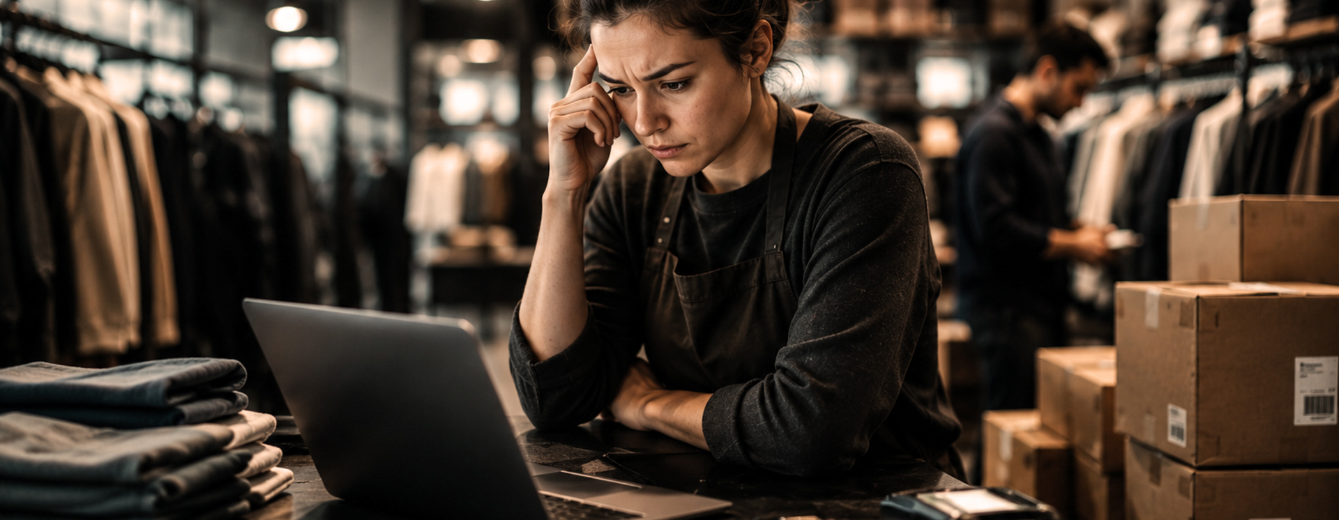 Person Arbetar Vid Laptop I Butikslager Med Kartonger Och Kläder, Som Visar Orderhantering, Administration Och Digital Styrning Av Butikens Flöden