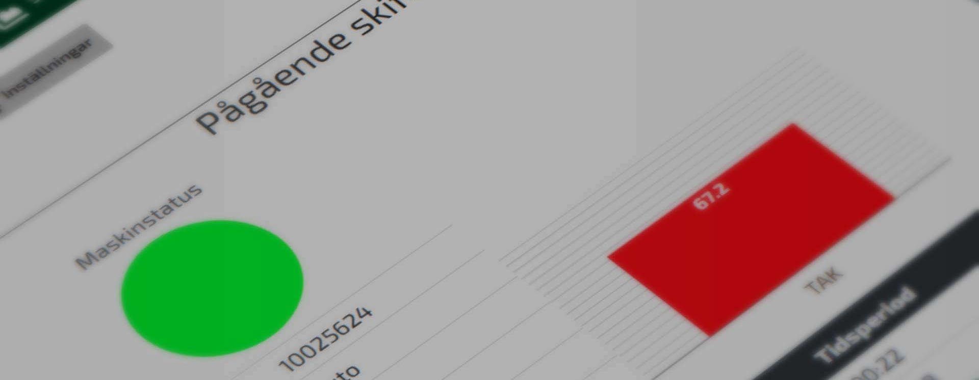 Skärmbild av OEE-modul med översikt av pågående skift, där maskinstatus visas som en grön cirkel och ett rött diagram visar TAK‑värde på 67,2