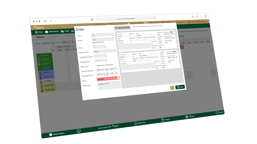 Skärmbild av ordervy i ett digitalt produktionssystem med formulär för orderinformation och detaljerad lista över operationer, visas ovanpå ett planeringsschema