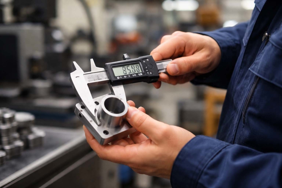 Digital mätning av komponent i industriproduktion med skjutmått för kvalitetskontroll och noggrann dimensionering