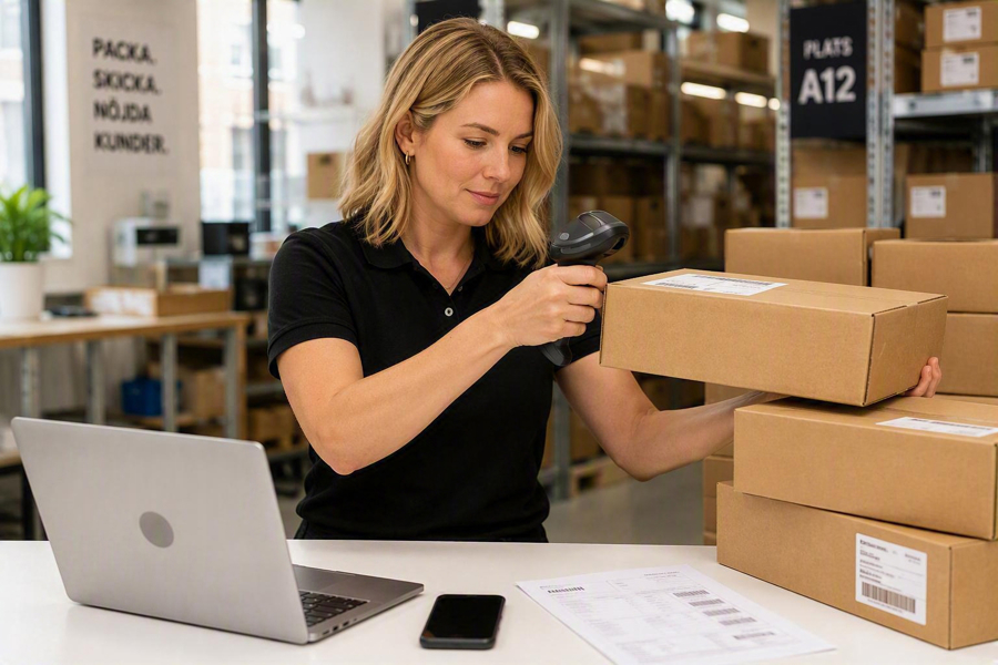 Kvinna Skannar Paket Med Streckkodslasare Vid Arbetsbord Med Laptop Mobil Och Orderunderlag