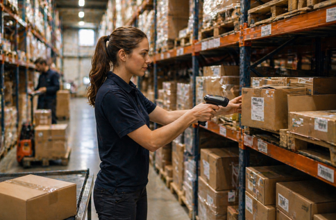 Person i lager skannar streckkod på paket med handskanner och registrerar varor på hylla, vilket visar lagerhantering, inventering och logistikprocesser i verksamheten