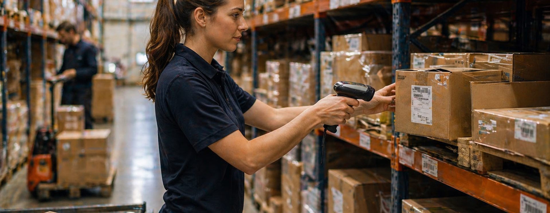 Person i lager skannar streckkod på paket med handskanner och registrerar varor på hylla, vilket visar lagerhantering, inventering och logistikprocesser i verksamheten