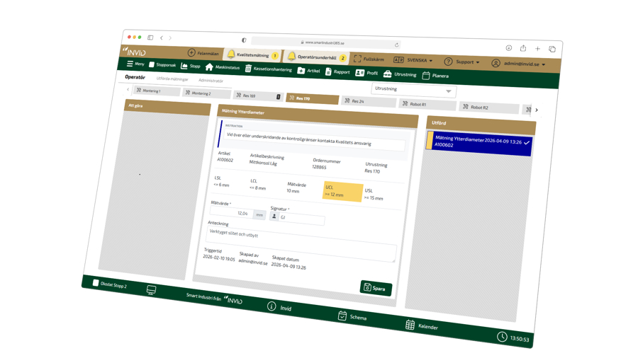 Digital kvalitetskontroll i affärssystem med inmatning av mätvärden, toleranser och avvikelser i produktionsmiljö