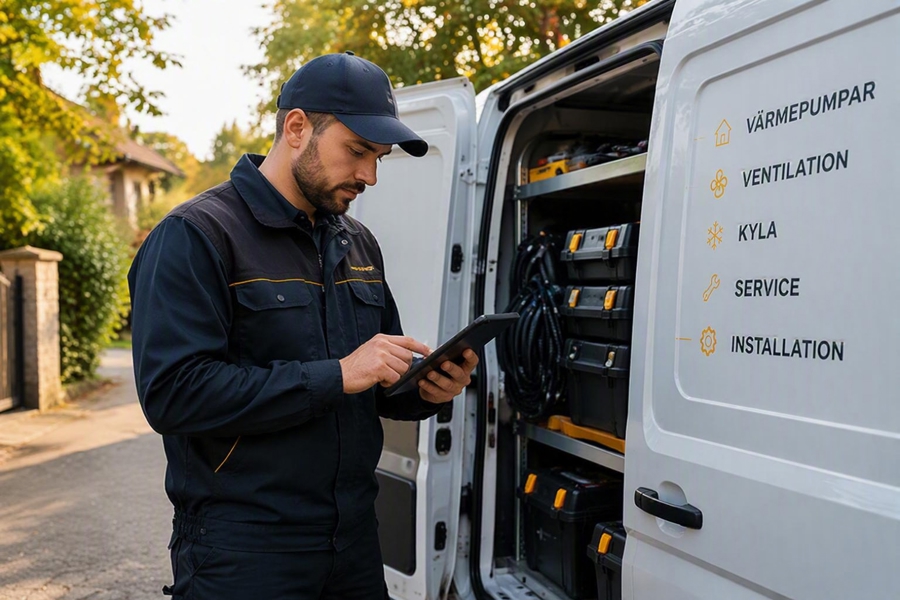 Servicetekniker Står Vid Servicebil Och Arbetar Med Felsökning Via Handhållen Enhet Utomhus