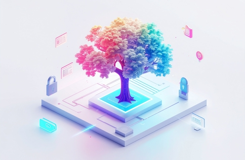 Färgstark 3D‑illustration av ett träd på en plattform, omgivet av digitala linjer, låsikoner och symboler som representerar data, säkerhet och teknik