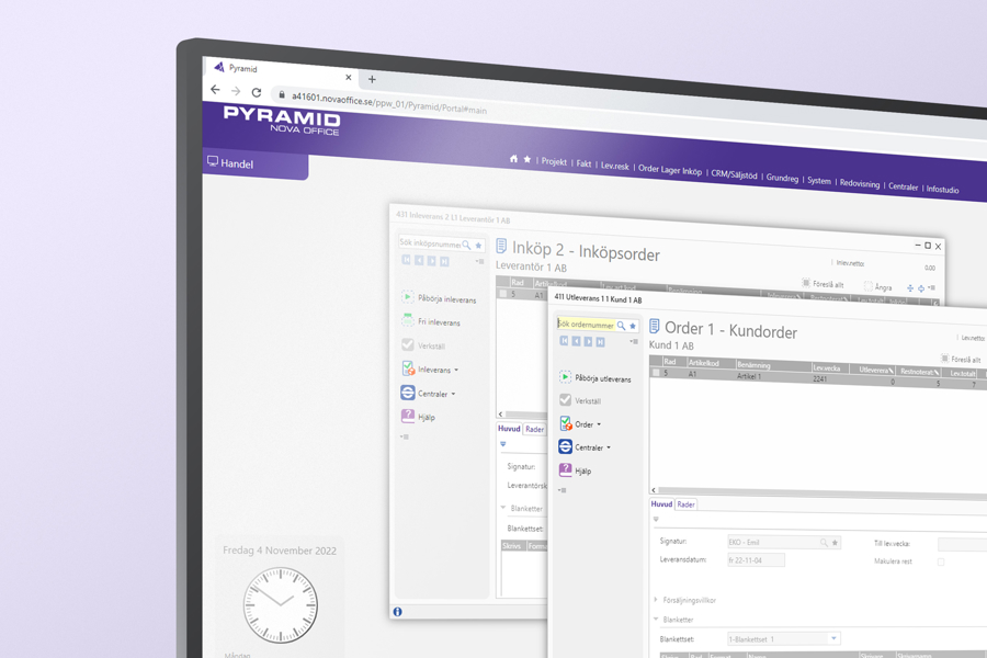Pyramid Nova Office I Webbläsare Med Öppna Order Och Inköpsfönster Som Visar Affärsproces