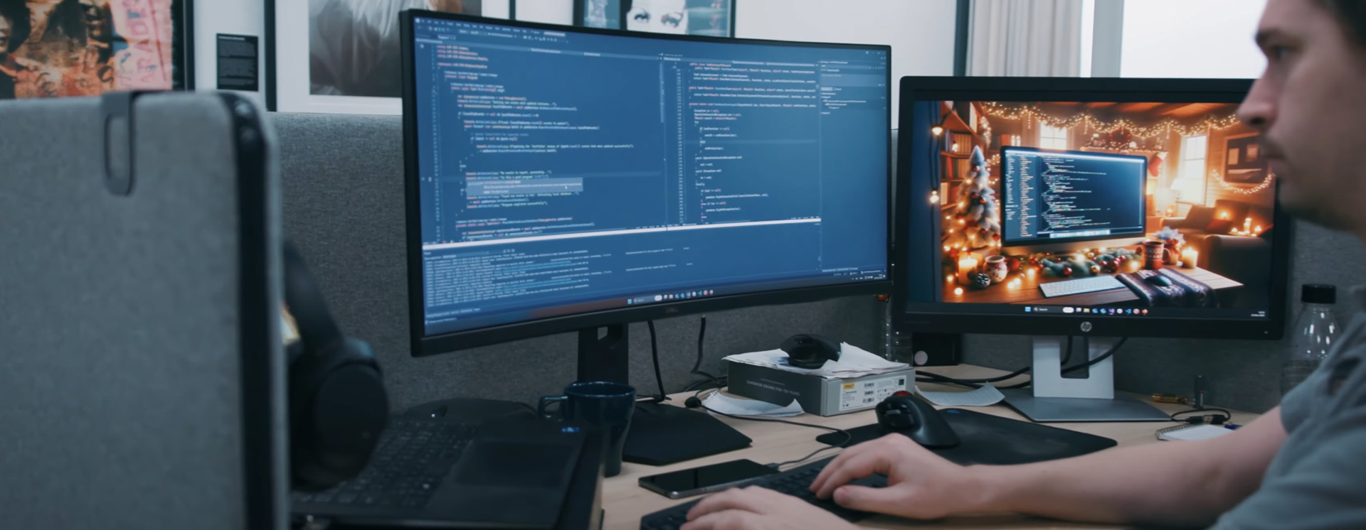 Person arbetar vid flera skärmar med programmering och systemutveckling i modern arbetsmiljö med fokus på IT, kod och digitala lösningar