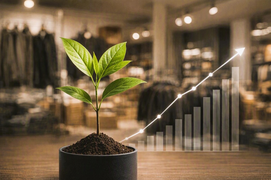 Grön Planta I Kruka På Träbord I Butiksmiljö, Med Transparent Stapeldiagram Som Visar Tillväxt Och Affärsutveckling I Bakgrunden