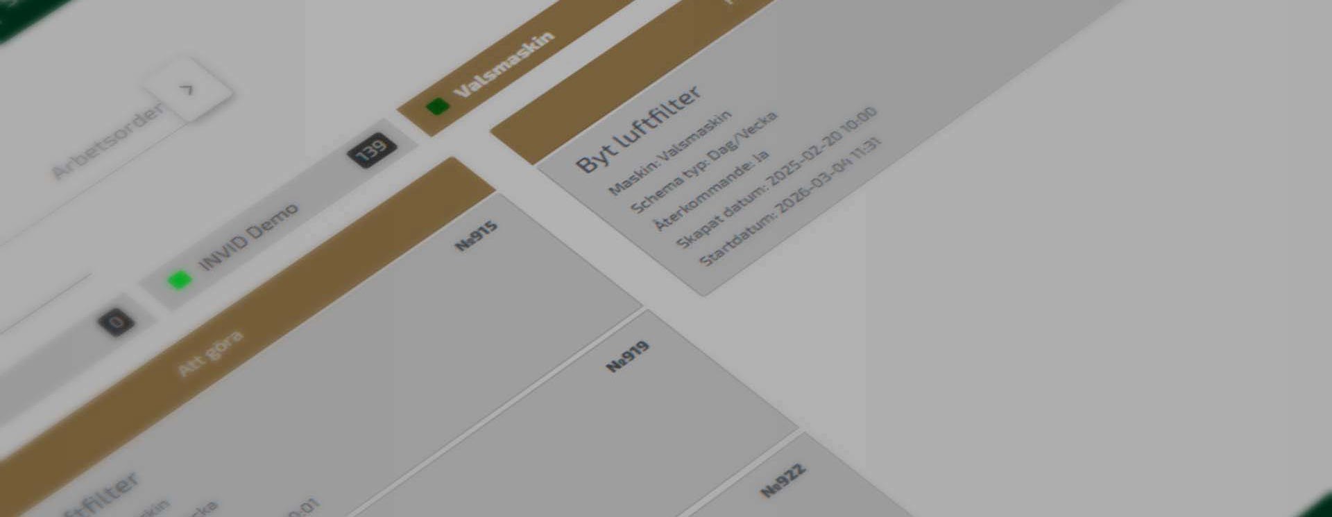 Detaljvy av underhållssystem med planeringsscheman och arbetsorder för komponenten “Byt luftfilter”