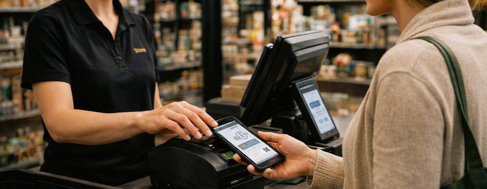 Kund Betalar Med Kort I Kassasystem I Livsmedelsbutik Medan Personal Registrerar Köp, Som Visar Smidig Betalning Och Effektiv Butikshantering