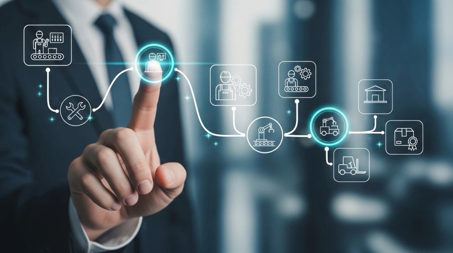 Digitalt flöde i tillverkningsprocess där användare interagerar med visualiserat arbetsflöde för produktion, logistik och automation